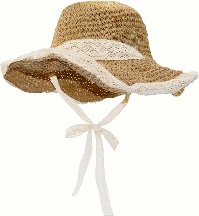 Ladies Wide Brim Beach Straw Hat Summer Vacation Sun Protection Hat Braided Lace Edge Hat Soft Foldable Lightweight