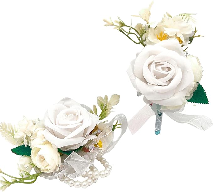 Wrist Corsage and Boutonniere Set, Artificial Rose Corsage Wristlet and Boutonniere for Wedding Prom Party (White, 2pcs)