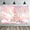 AOFOTO Castle Backdrop Princess Spring Pink Floral Moon Printed Fairy Tale Photography Background for Girl Birthday Baby Shower Party Banner Home Decor Wall Photo Studio Booth Props 7x5ft