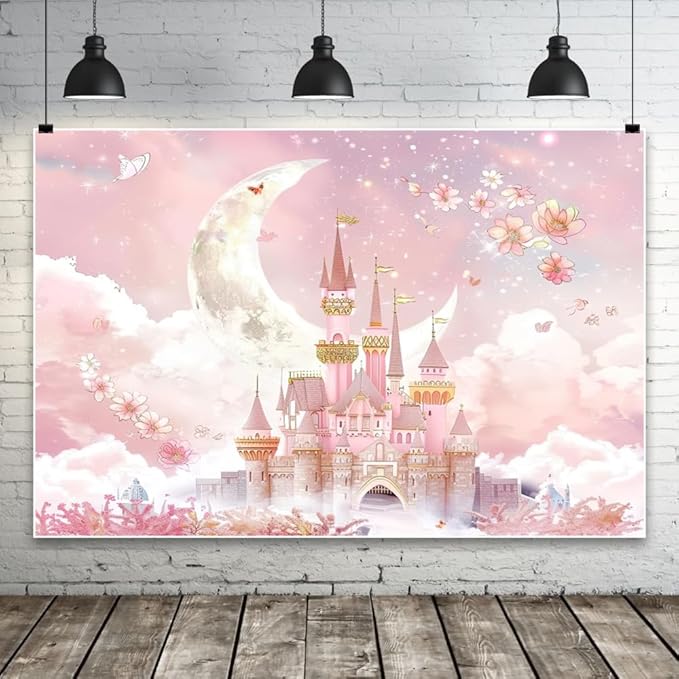 AOFOTO Castle Backdrop Princess Spring Pink Floral Moon Printed Fairy Tale Photography Background for Girl Birthday Baby Shower Party Banner Home Decor Wall Photo Studio Booth Props 6x4ft