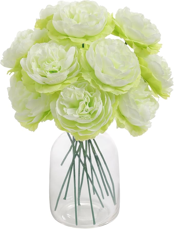 12 PCS Artificial Silk Green Peony Flowers with Stems - 8 Inch Fake Peony Bouquet for Wedding, Home Decor, Office Table, Festival Gifts