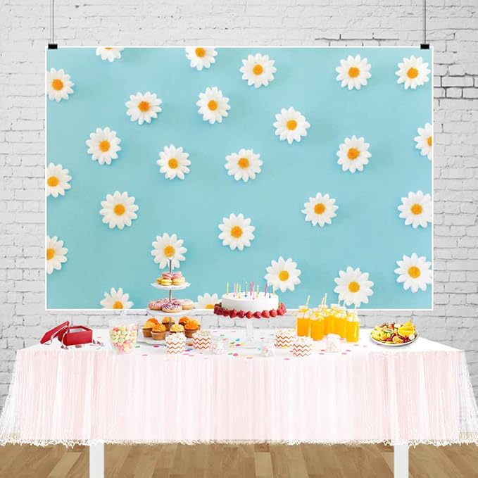 Laeacco Daisy Flower Backdrop for Photography White Floral Blue Photo Background Baby Shower Birthday Party Decorations Cake Table Banner Girls Children Portrait Photoshoot Studio Props 15x10ft Vinyl