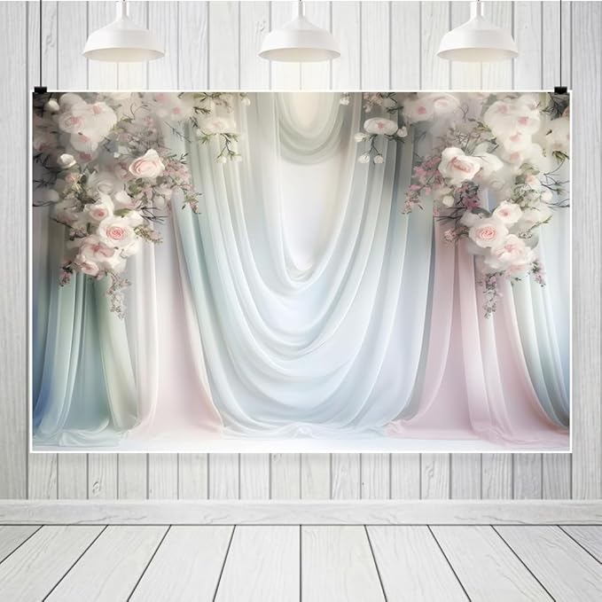 Leowefowa Floral Backdrops for Photoshoot 16x7ft Vinyl White Pink Rose Flower Curtain Wall Photography Background for Bridal Shower Wedding Anniversary Ceremony Party Decorations Banner Studio Props