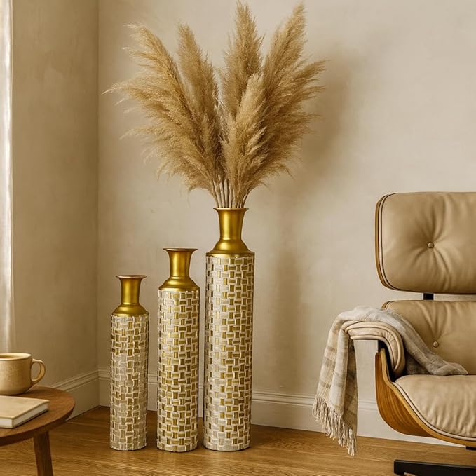 Leewadee Black Tall Floor Vase, Set of 3 Decorative 26/21/16″ Large Vases from Metal for Home Decor Living Room, Style with Pampas Grass for Modern, Vintage, Rustic or Farmhouse Room Decor