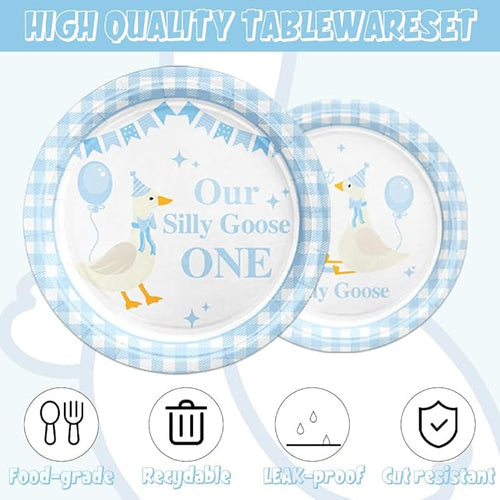 141pcs Blue One Silly Goose Birthday Decorations 1st Birthday Party for Girls Goose Theme Blue Gingham Plates Napkins Forks Knives Straws Tablecloth Cups,Suitable for 20 Guests