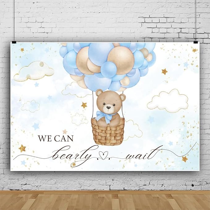 ChloropLastid We Can Bearly Wait Baby Backdrop Boy Bear Hot Air Balloon Baby Shower Photography Background Blue Balloons Clouds Stars Baby Party Cake Photo Decoration 7x5ft