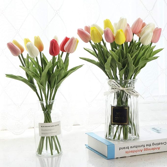 24pcs Multicolor Artificial Tulips Flowers Fake Faux PU Tulip Bouquet Real Touch Flower Arrangement for Home Room Office Party Wedding Decoration Excellent Gift Idea for Mothers Day