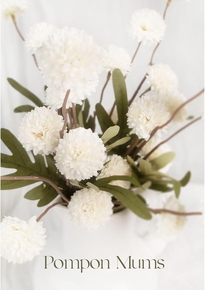 Artificial White Mums Flowers, 5 Pcs Faux Mums Mini Chrysanthemum Flowers Bulk with Stems, Floral Arrangements for DIY Bouquet Home Wedding Table Centerpiece Decor (No Vase)