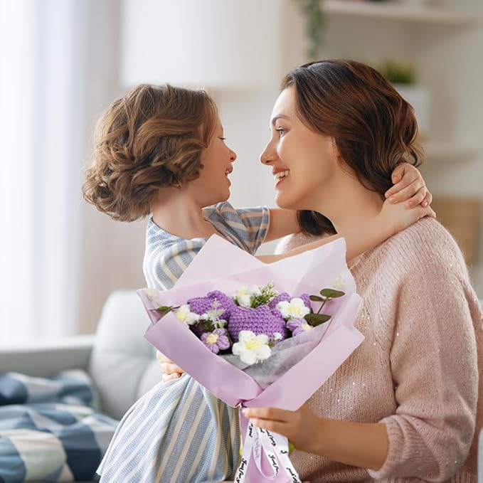 Chordobe Crochet Flower Tulip Bouquet: Handmade Artificial Flower Knitted Sunflower Bouquet for Festival Wedding Graduation Anniversary (Purple)