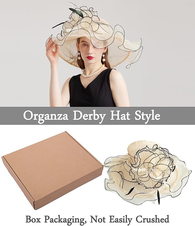 Organza Derby Hats for Women Wide Brim Fascinator Hat Rose Flower Wedding Tea Party Hat