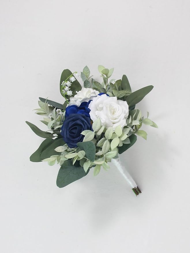 Rinlong Navy Blue Bridesmaids Bridal Bouquet Artificial Wedding Bouquets for Bride Bridesmaid Silk Bouquet for Wedding Prom Homecoming 7.5 Inches
