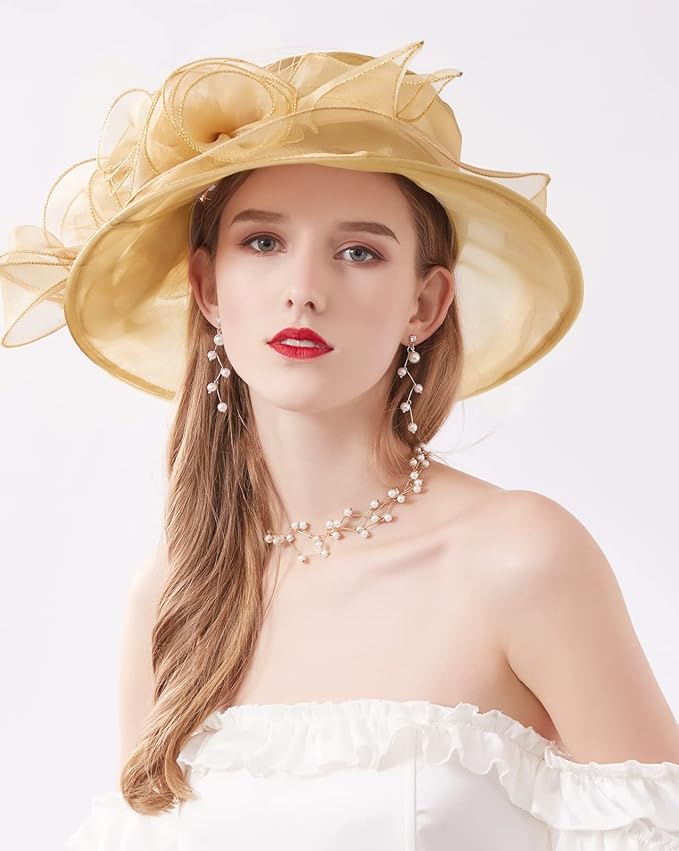 Organza Derby Hats for Women Wide Brim Fascinator Hat Rose Flower Wedding Tea Party Hat