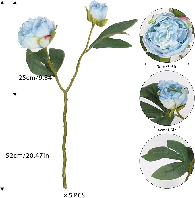 IPOPU Blue Silk Flowers Artificial Peonies 5PCS 10heads Vintage Fake Peonies Blue Silk Peonies with Stems Real Look for Spring Decorations Floral Arrangements Home Table Centerpiece