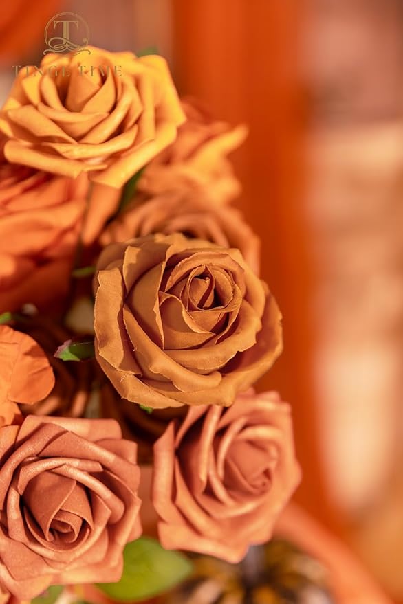 TINGE TIME Artificial Flowers 24pcs Real Looking Silk Flowers Fake Rose with Stems for DIY Wedding Bouquets Burnt Orange Bridal Shower Centerpieces Party Decorations (Maple Red A)