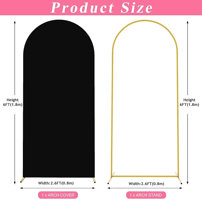 Putros 6ft Metal Arch Stand with Cover Black Spandex Fitted Wedding Arch Cover and Round Top Chiara Backdrop Stand Set for Birthday Party Baby Shower Decoration