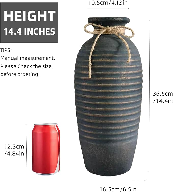 Large Ceramic Rustic Vase，14.4 Inch Vintage Farmhouse Tall Threaded Vase for House Book Shelf Office Coffee Desk Dining Fireplace，Bronze