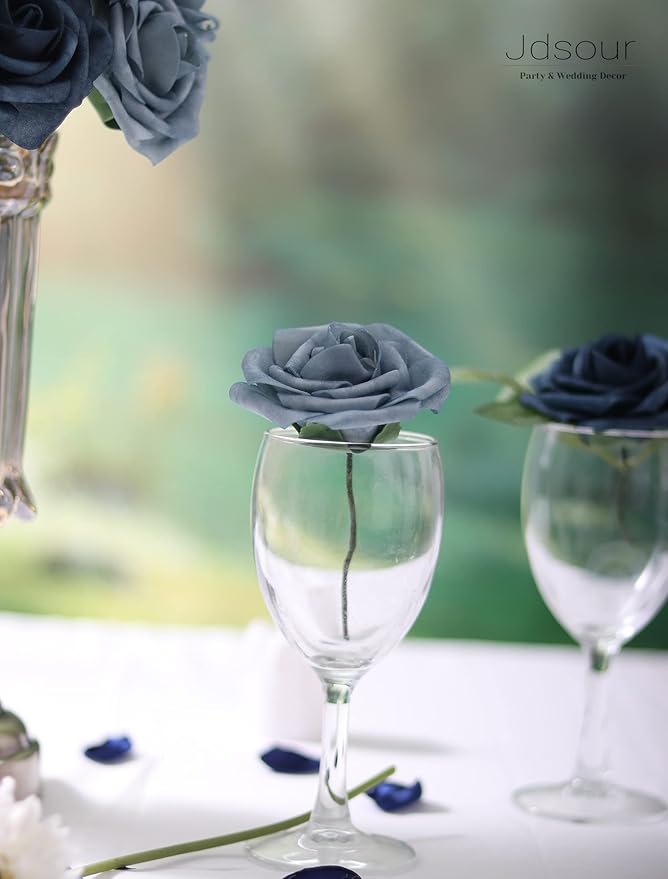 50pcs Artificial Flower，Real Touch Foam Roses w/Stem DIY for Wedding Bouquet Centerpieces Party Shower Home Decor-Dusty Blue Shades