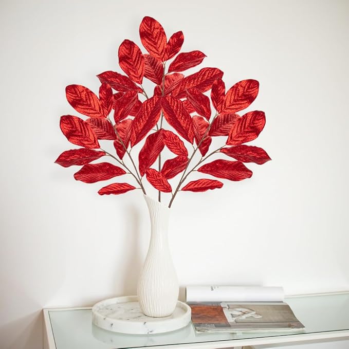 3pcs 31 inch Red Glitter Magnolia Leaf Sprays Artificial Christmas Tree Picks Sprays, Glittery Stem Ornaments for Christmas Tree Winter Wreath Swag Wedding Bouquet Centerpiece