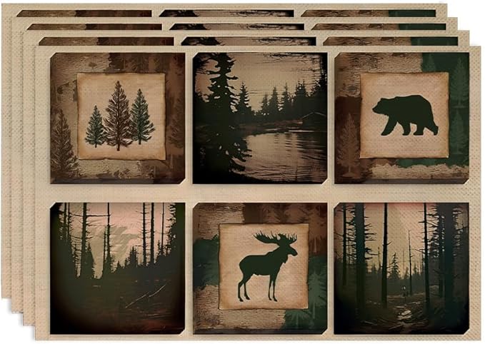 Rustic Lodge Bear Deer Placemats Set of 4, Vintage Cabin Pine Cone Plaid Place Mats, Heat Resistant Non Slip Cotton Linen Dining Table Mats for Home Kitchen Decor 18x12 Inch