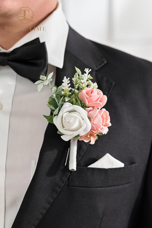TINGE TIME Boutonniere for Men Wedding,Groom and Best Man Boutonniere for Wedding Ceremony Anniversary, Formal Dinner Party and Rustic Spring Wedding Marriage (10, PeachPink&White)