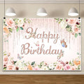 ChloropLastid 12x8ft Pink Floral Birthday Backdrop Rose Gold Glitter Flower Blossom Butterflies Happy Birthday Photography Background for Girls Princess Bday Party Decorations Banner Photo Props
