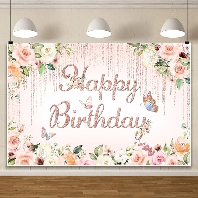 ChloropLastid 12x8ft Pink Floral Birthday Backdrop Rose Gold Glitter Flower Blossom Butterflies Happy Birthday Photography Background for Girls Princess Bday Party Decorations Banner Photo Props