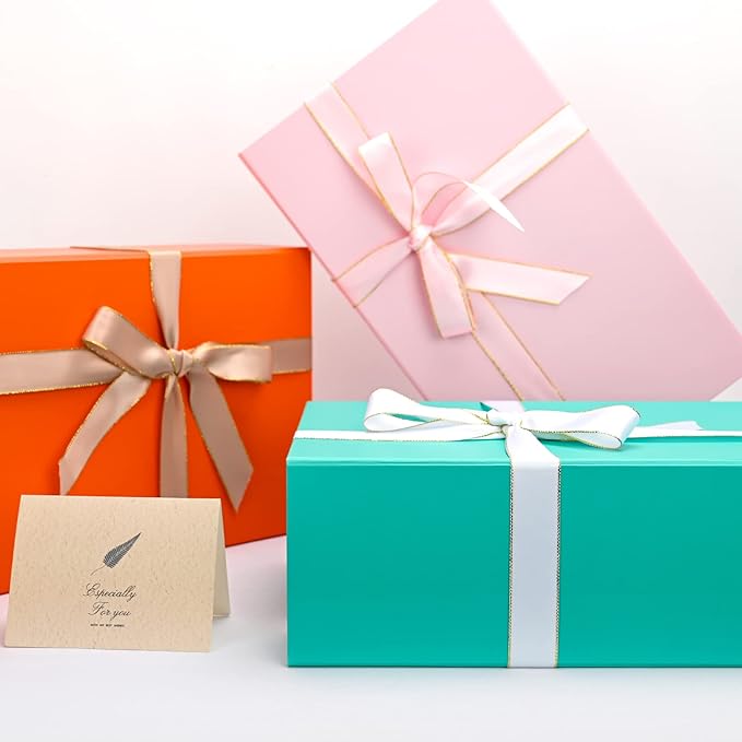 LIFELUM Large Gift Boxes with Lids,5 Pack 13.85 x 8.35 x 4.45 inch Rectangle Collapsible Gift Boxes with Ribbon,Card,Shredded Paper Filler Christmas,Birthdays
