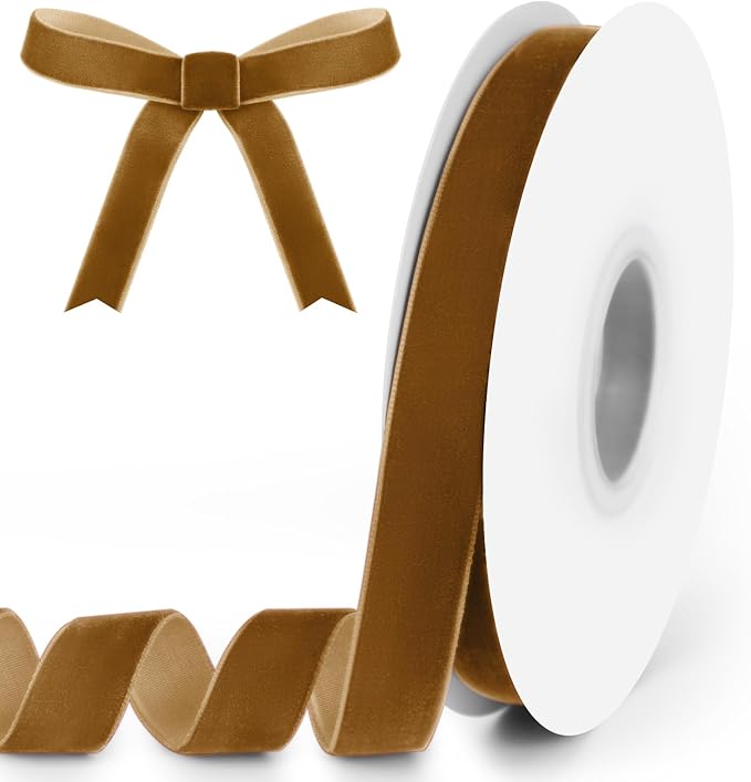 5/8" Wide x 10 Yards Velvet Ribbon, Vintage Single Face Velvet Ribbons for Gift Wrapping, Christmas Wrapping Bows, Wedding Decor, Sewing and More (Khaki)
