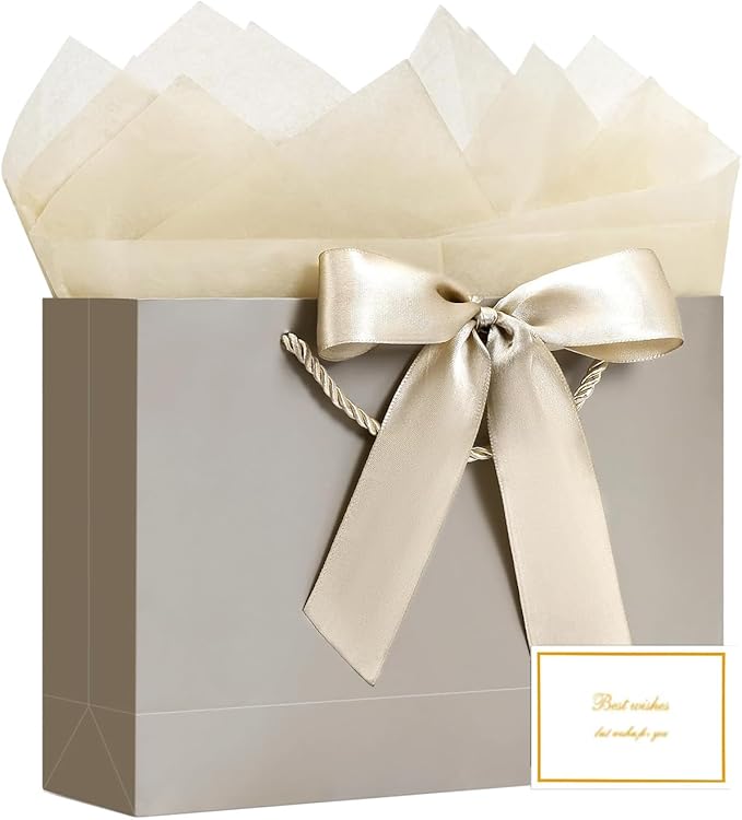 JMANNI Gift Bag, 1PCS Gift Bags Large with Ribbon and 1 Greeting Cards 2 Tissue Paper, Portable Paper Gift Bag with Handles, Birthday Gift Bags,Present Bags for Wedding Party Mothers Day