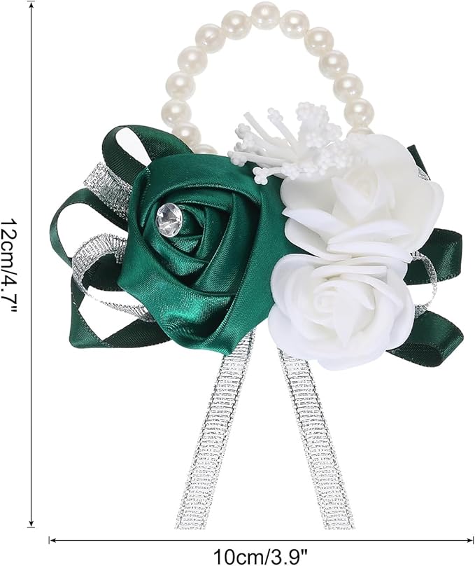 MECCANIXITY Wrist Corsage Artificial Flower Bracelets Rose Wrist Bride Groom Decorative for Wedding Ceremony Prom Party Anniversary Dark Green