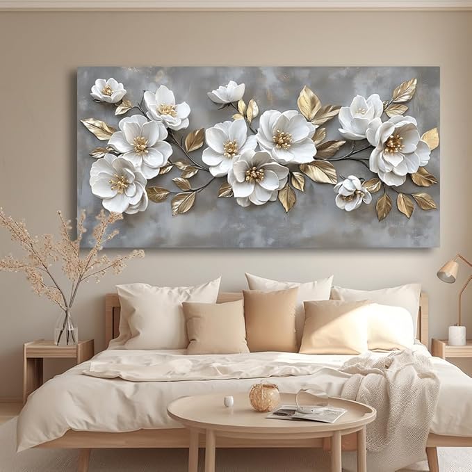 LAVIKARS Modern Gray Flowers Wall Art for Living Room Office White and Golden Floral Landscape Canvas Painting Prints Large Delicate Petals Artwork Kitchen Home Bedroom Decor (16x30 Inches)