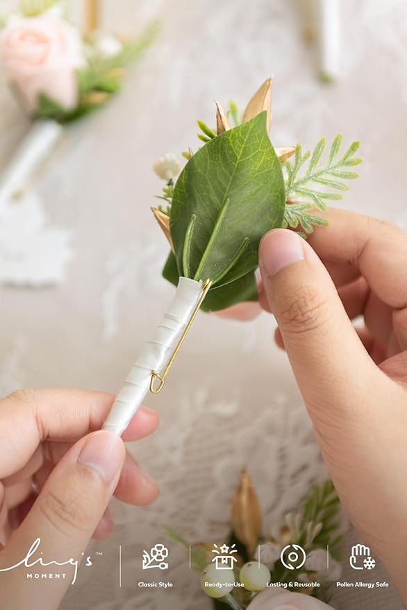 Ling's Moment Boutonniere for Men, 10pcs Groomsmen Guest Boutonniere, Artificial Flowers for Wedding Décor/Prom/Homecoming,etc.Blush Pink