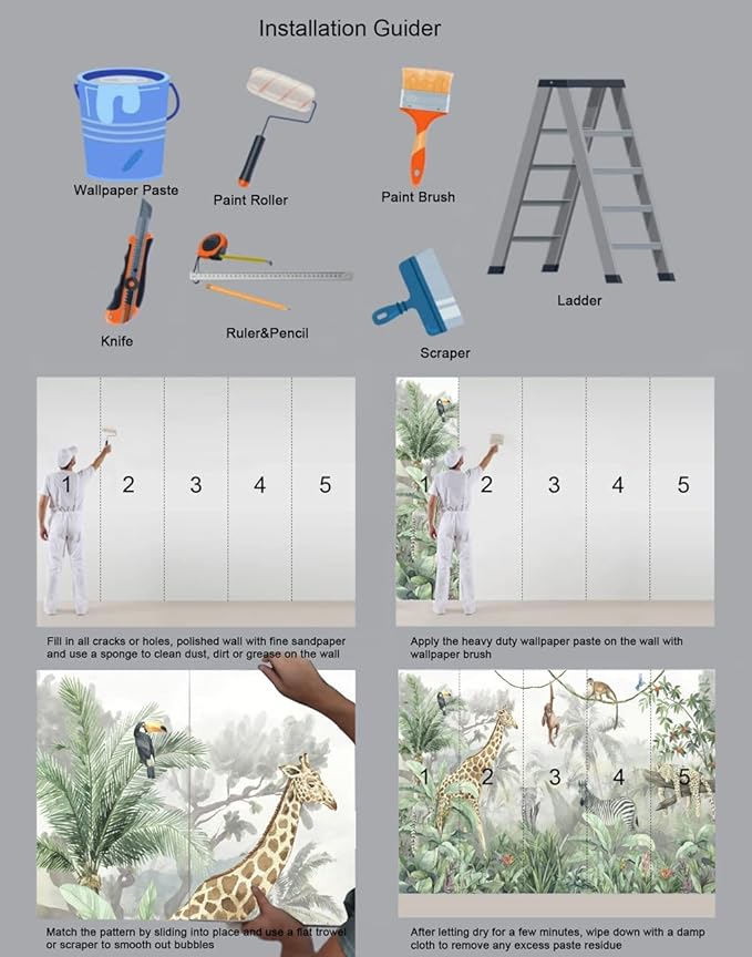 Kids Wallpaper Tropical Leves and Safari Animals Wall Mural for Wall Bedroom Living Room TV Background Sofa Wall（Not Peel and Stick）