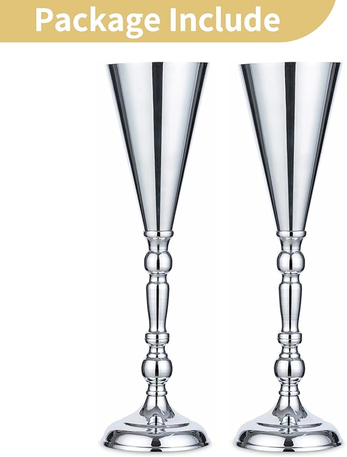 2 Pcs Tabletop Silver Metal Wedding Flower Trumpet Vase, 16.5 inch Table Decorative Centerpiece Artificial Flower Arrangements for Anniversary Ceremony Party Birthday Event Aisle Home Decoration