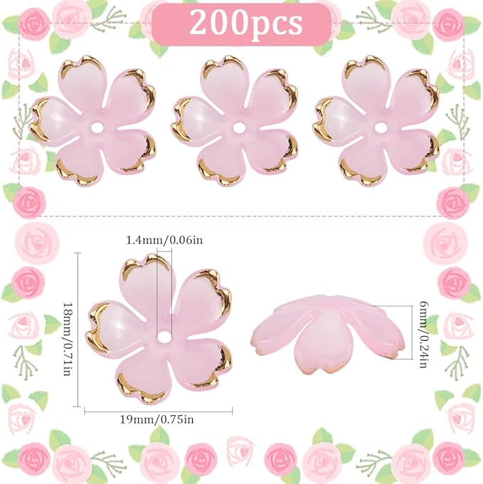 SUNNYCLUE 1 Box 200pcs Flower Bead Caps Floral Spacer Beads Pink Acrylic Cherry Blossom Sakuras Spring 5-Petal Gradient Flowers Bead Bulk for Jewelry Making Bracelets Necklaces Craft Supplies