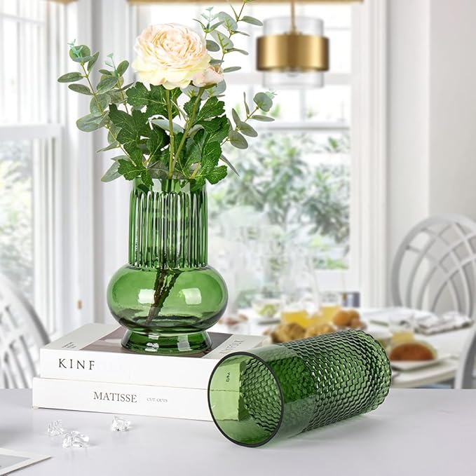 Green Glass Cylinder Vase for Flowers, 8.7" x 4" Thickened Votive Candle Holder Modern Hydroponic Ornament for Home Living Room Wedding Centerpieces Office Table Decor