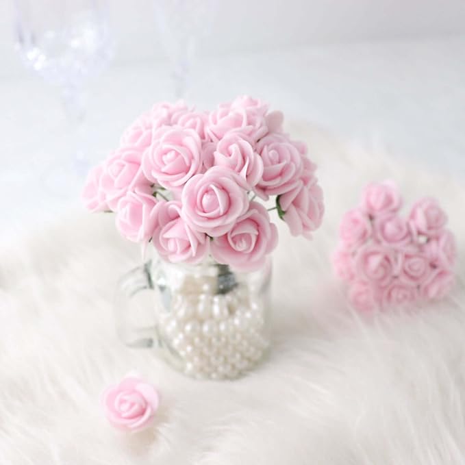 Efavormart 48 Roses | 4" Tall Pink Real Touch Artificial DIY Foam Rose Flowers with Stem, Craft Rose Buds