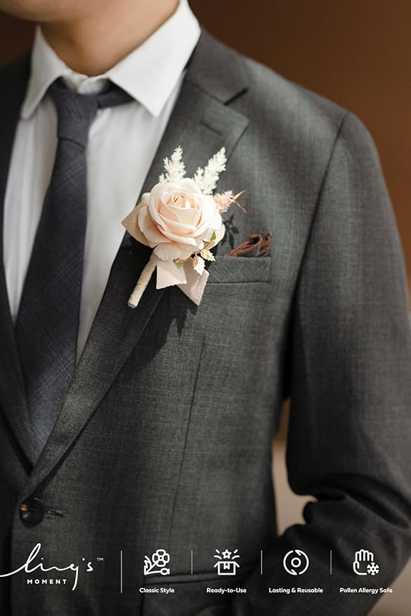 Ling's moment Boutonniere for Men, 6pcs Groom Groomsmen Boutonniere, Artificial Flowers for Wedding Decor/Prom/Homecoming, etc.White Nude