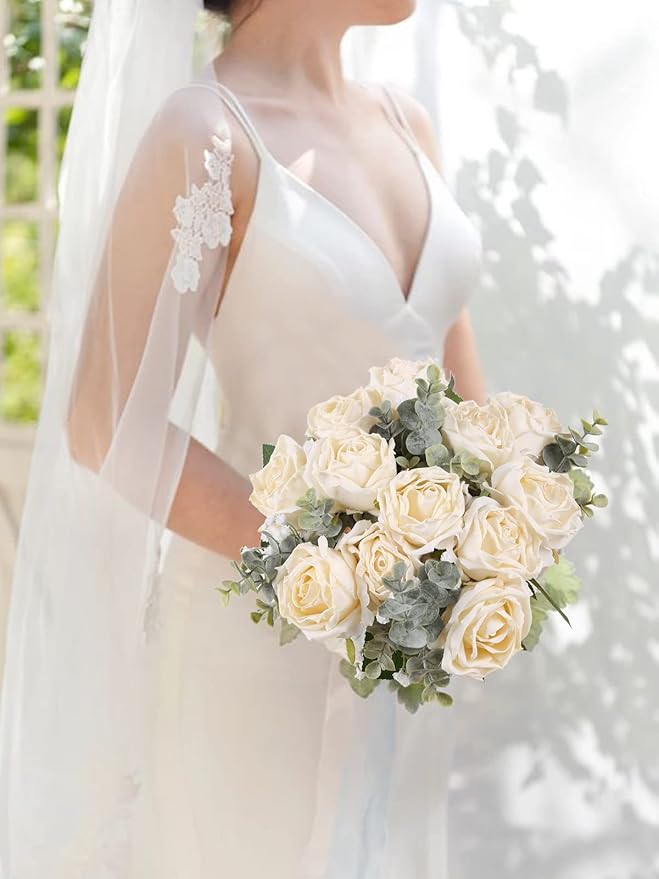 IPOPU White Roses Artificial Flowers 12pcs Vintage Dried White Flowers Artificial Roses Silk Flowers with Single Stem White Fake Rose for Wedding Centerpieces Wall Flowers Decorations (Off White)