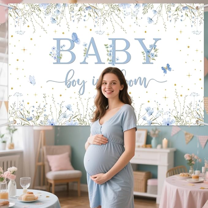 Baby Boy in Bloom Backdrop for Boys Wildflower Baby in Bloom Baby Shower Decorations Banner Blue Floral Photography Background Cake Table Decor Supplies Photo Booth Prop 70.8 x 43.3 inch