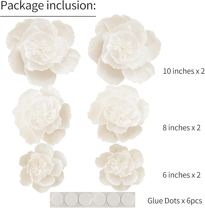 Crepe Paper Flowers Decoration for Wall, Artificial Flowers for Wedding Decor,Flower Backdrop Decor,Baby Shower,Birthday Party,Photo Backdrop,Archway Decor, Nursery Wall Decor(White,Set/6)