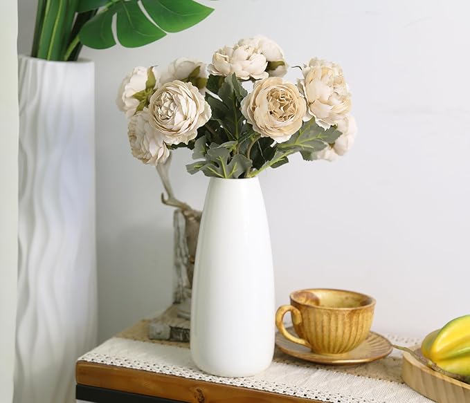 IPOPU 10pcs Beige Peonies Artificial Flowers Silk Peonies with Stems Real Look Fake Peony for Home Table Decorations Wedding Faux Flowers Arrangements