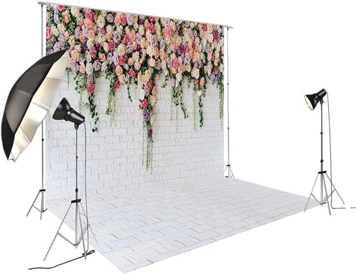 10X10FT White Brick with Flowers Backdrop Occasions Mother's Day Wedding Bridal Shower Birthday Party Banner Background Supplies DH-357