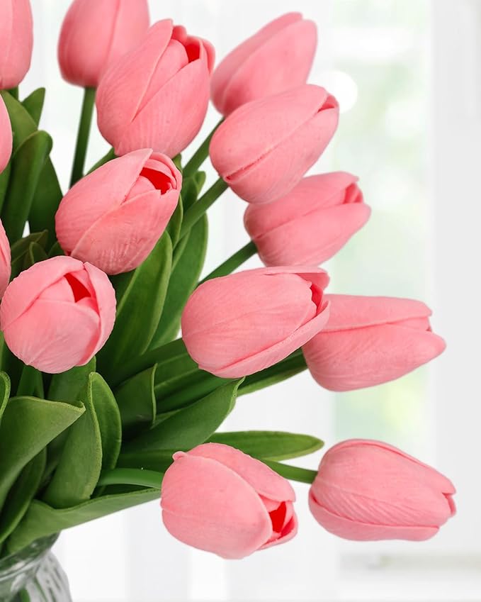 MACTING 30 PCS Artificial Tulip Flowers 13.7" Real Touch Fake PU Tulips Bouquet Faux Pink Flowers for Floral Arrangements Table Centerpieces Kitchen Home Indoor Outdoor Summer Decorations