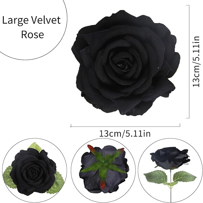 IPOPU 5 Inches Black Artificial Large Rose Heads Bulk Fake Black Roses with Stem 10pcs Faux Rose Silk Flower Head for DIY Wedding Bouquet Arrangements Gifts Gothic Decor