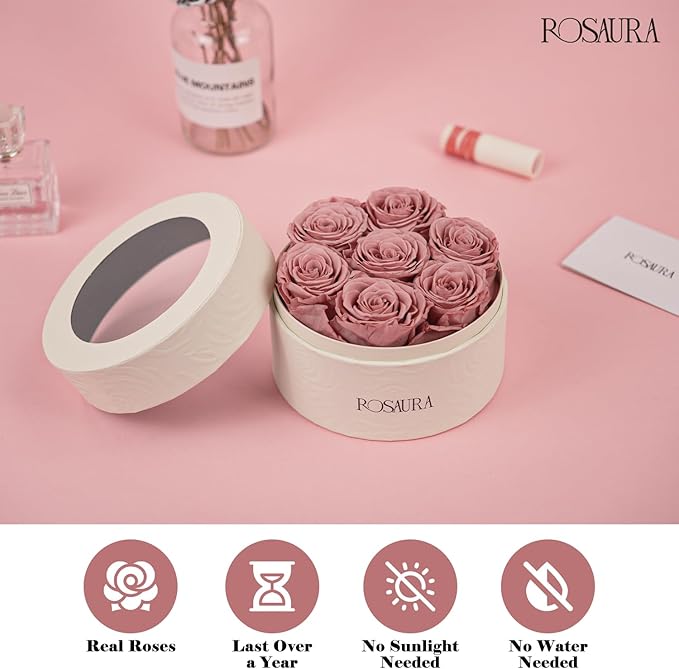 Rosaura Round Preserved Roses Gift Box - Real Forever Flowers for Birthday, Valentine's & Mother's Day (Cappuccino, 7 Roses)