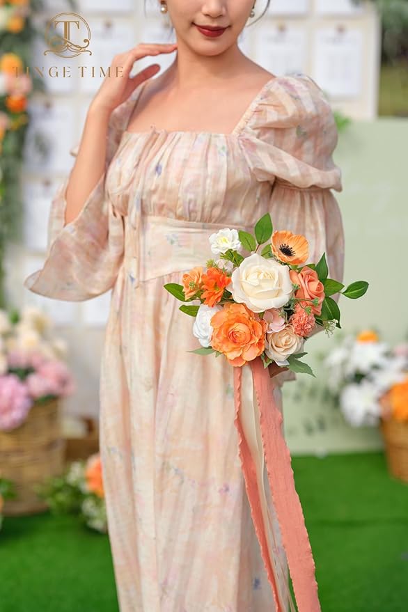 TINGE TIME Bridesmaid Bouquets for Wedding Set of 6 CoralPink & Champagnee 7 Inch Wedding Bouquets Artificial Silk Flowers Bridal Bouquets for Bridesmaids, Wedding Decor, Anniversary