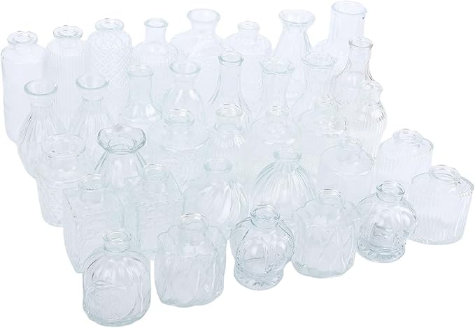 Sorandy 36 Glass Bud Vases, Transparent Multiple Shapes Vintage Embossed Flower Vase Set with Thick Sturdy Crystal Clear Glass for Wedding Home Decor Table Setting