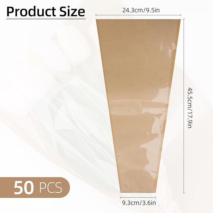 Motroce 50 PCS Flower Bags for Bouquets, 9.5 x 17.9 Inches Flower Wrapping Bags, Kraft Paper Floral Packing Sleeves Bouquet Bag Bulk for Florist's Floral Gift Bag Wedding Graduation, Brown