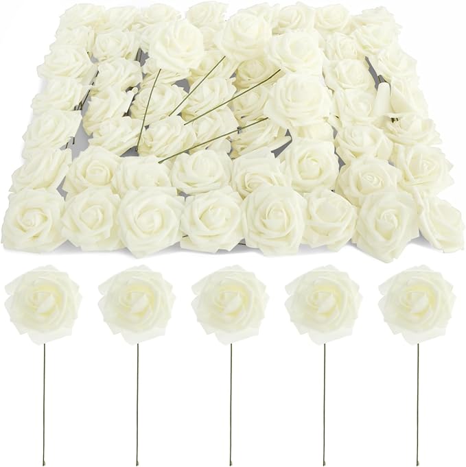 Bright Creations 3" Artificial Rose Flowers 60pcs Real Looking Fake Rose with Stem for DIY Wedding Bouquets and Bridal Shower, Cream